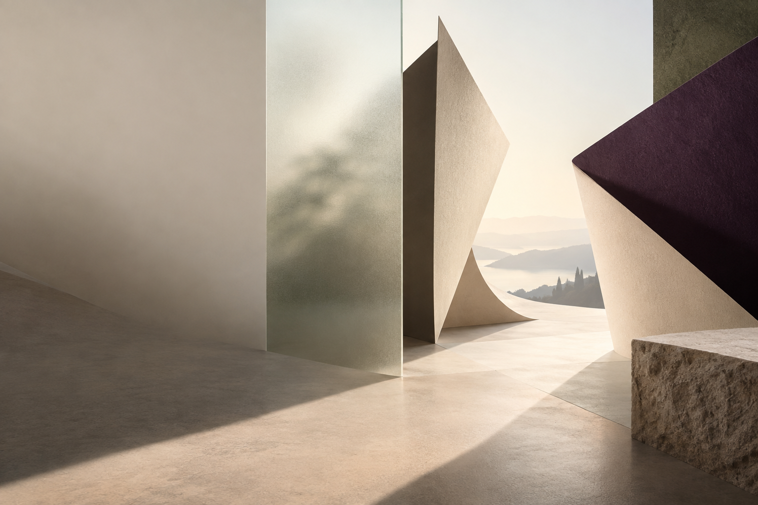 Abstract architectural forms opening toward a clear horizon
